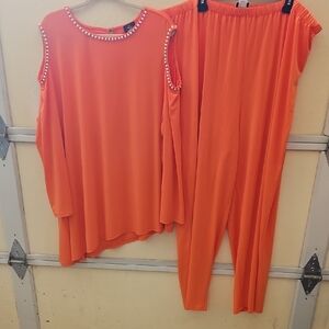 Women's Orange Two-Piece Pantsuit with Pearl-Trim Cold-Shoulder Top